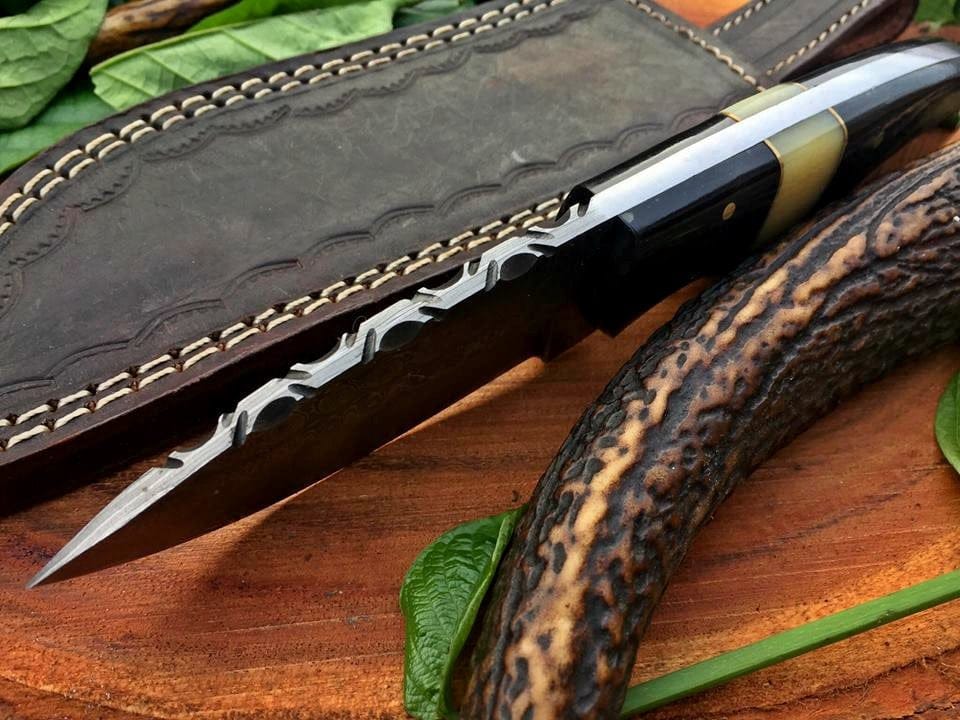 KBS Knives Store Skinner Knife Custom Handmade Raindrop Damascus Steel Hunting EDC Skinning Knife