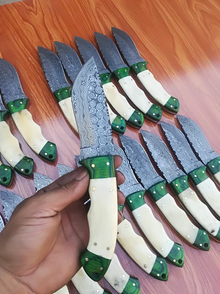 KBS Knives Store Skinner Knife Custom Handmade Raindrop Damascus Steel Hunting Skinning Camping Knives