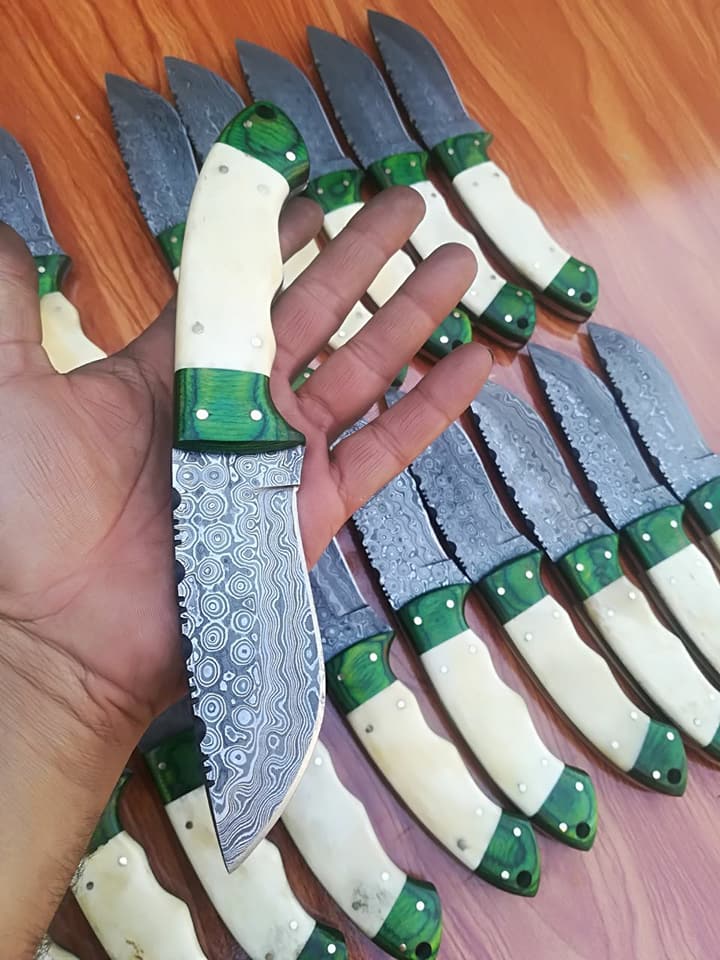 KBS Knives Store Skinner Knife Custom Handmade Raindrop Damascus Steel Hunting Skinning Camping Knives