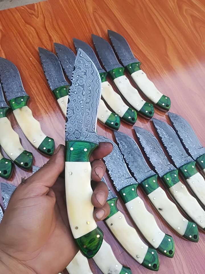 KBS Knives Store Skinner Knife Custom Handmade Raindrop Damascus Steel Hunting Skinning Camping Knives