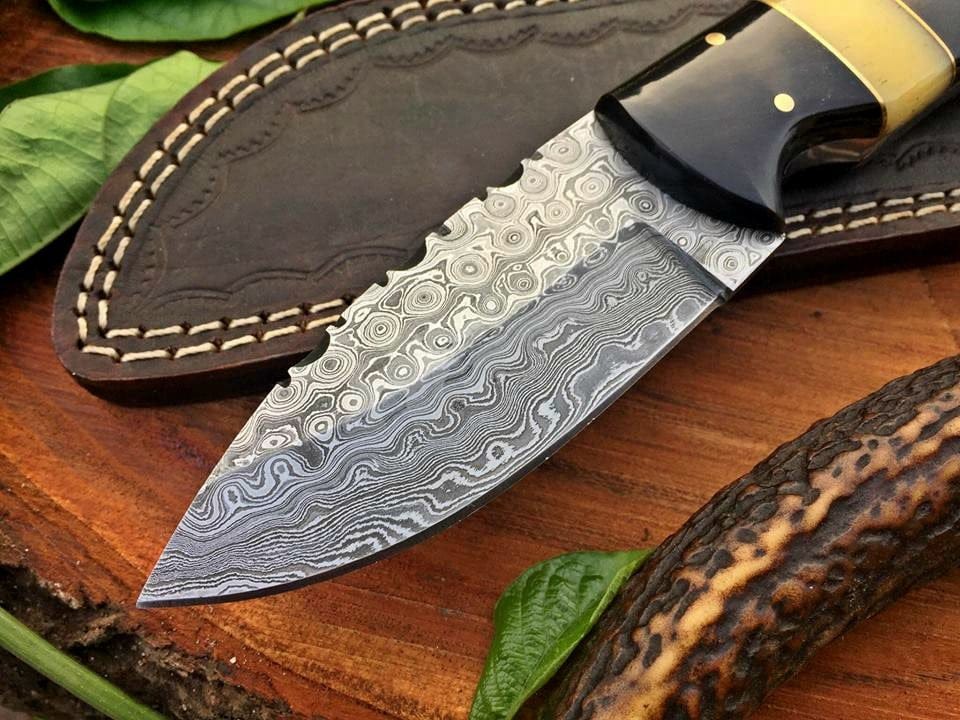 KBS Knives Store Skinner Knife Custom Handmade Raindrop Damascus Steel Hunting Skinning Knife
