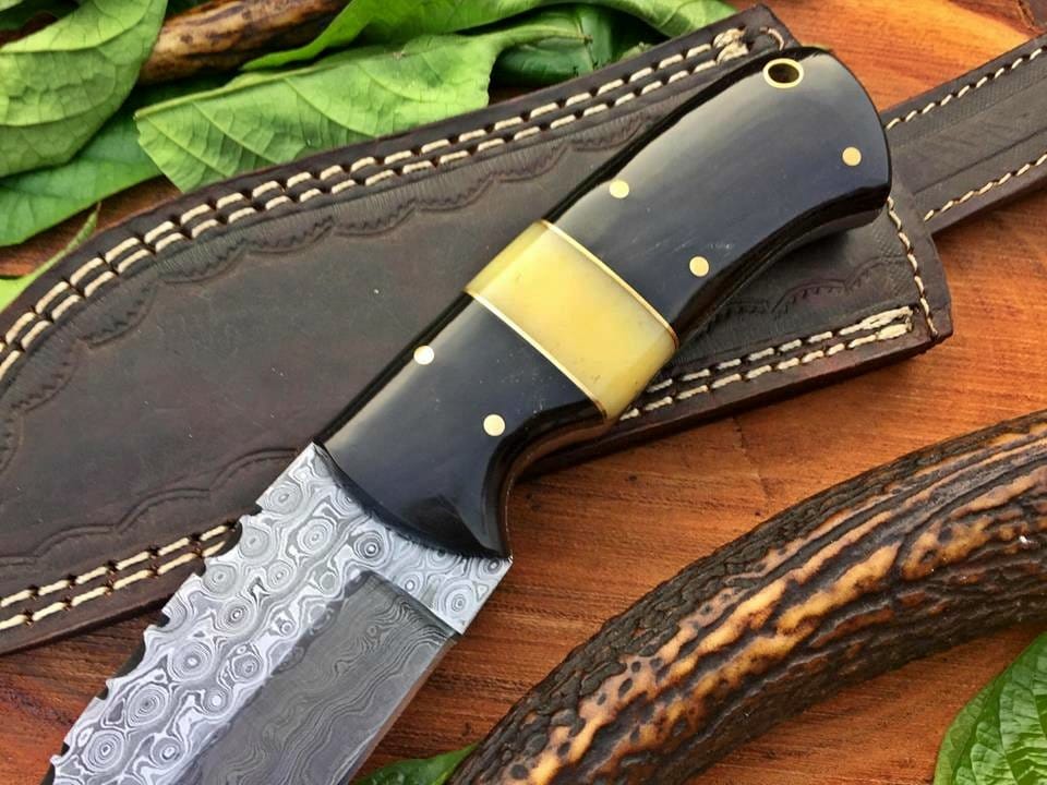 KBS Knives Store Skinner Knife Custom Handmade Raindrop Damascus Steel Hunting Skinning Knife