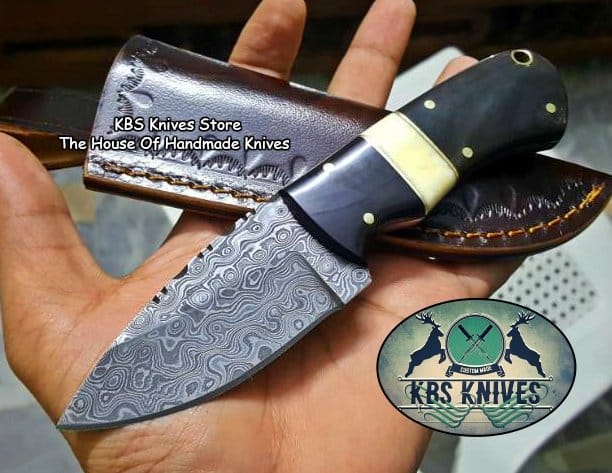KBS Knives Store Skinner Knife Custom Handmade Raindrop Damascus Steel Skinning Knife
