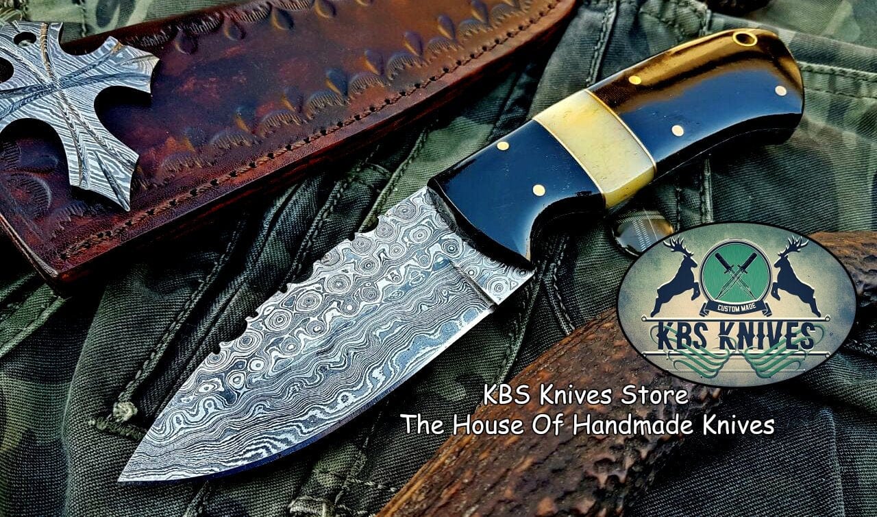 KBS Knives Store Skinner Knife Custom Handmade Raindrop Damascus Steel Skinning Knife