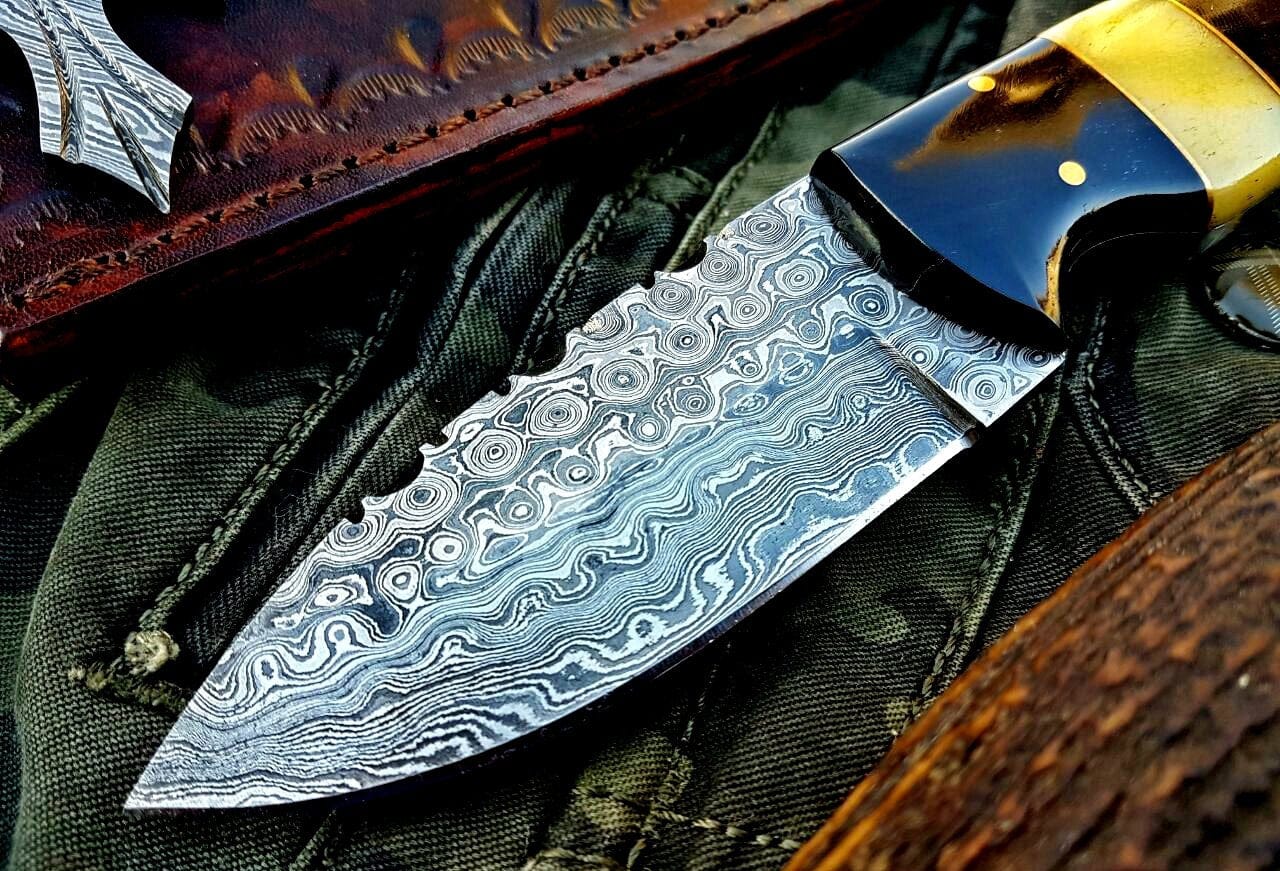 KBS Knives Store Skinner Knife Custom Handmade Raindrop Damascus Steel Skinning Knife