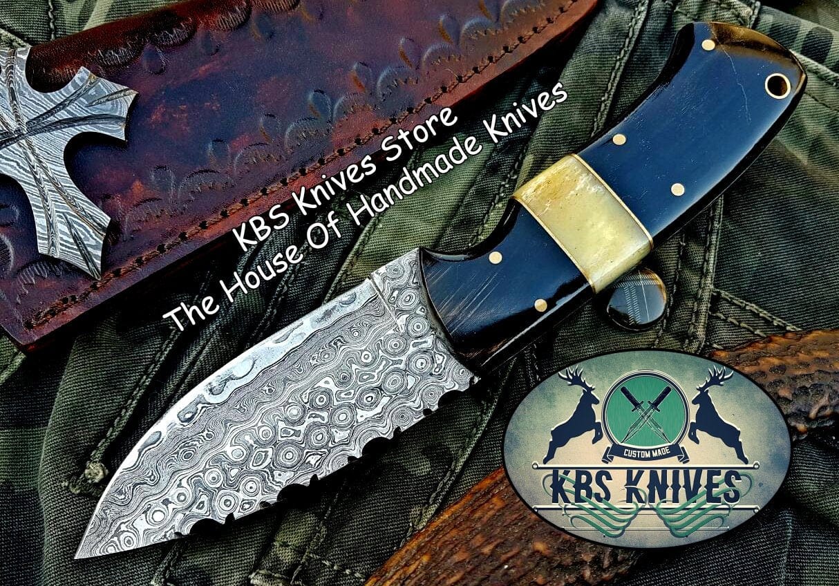 KBS Knives Store Skinner Knife Custom Handmade Raindrop Damascus Steel Skinning Knife