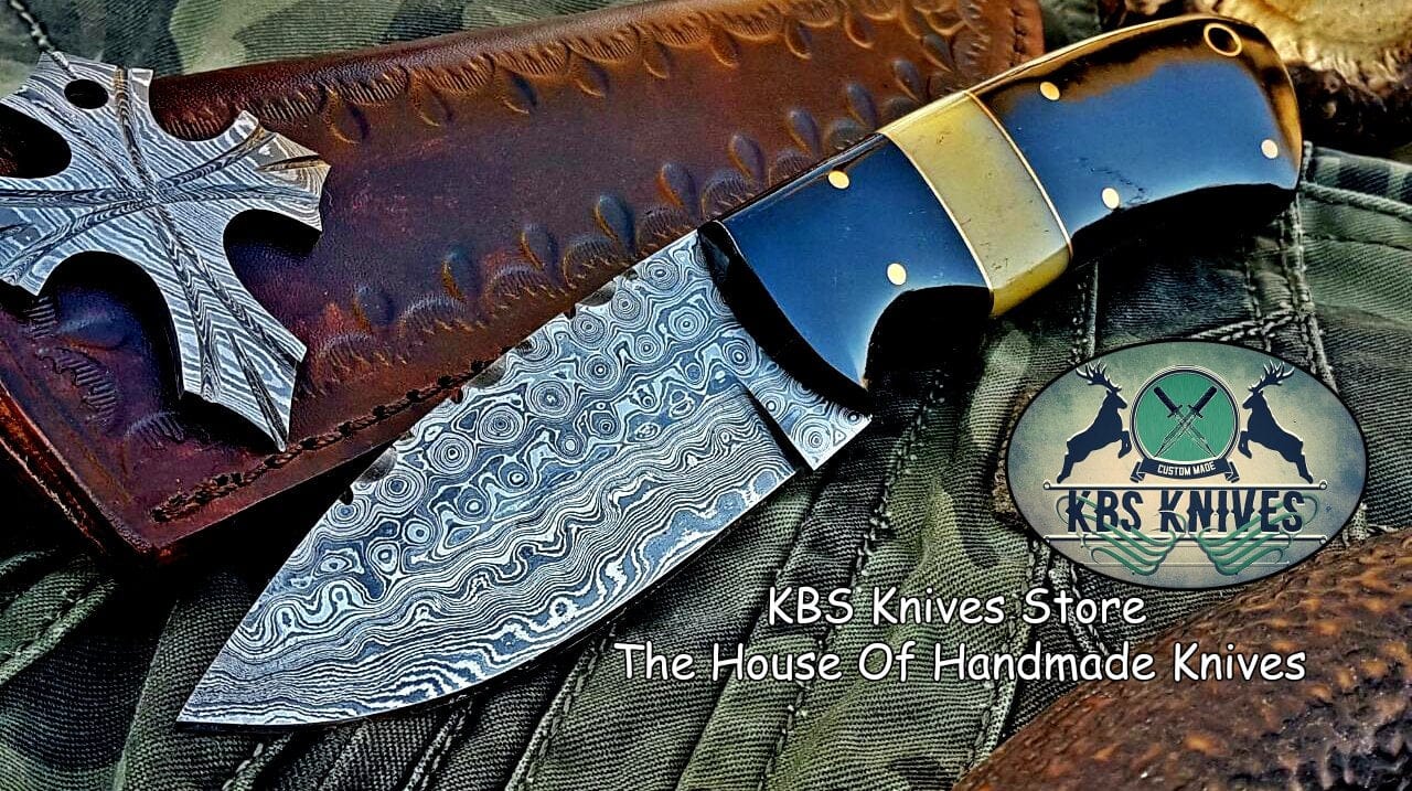 KBS Knives Store Skinner Knife Custom Handmade Raindrop Damascus Steel Skinning Knife