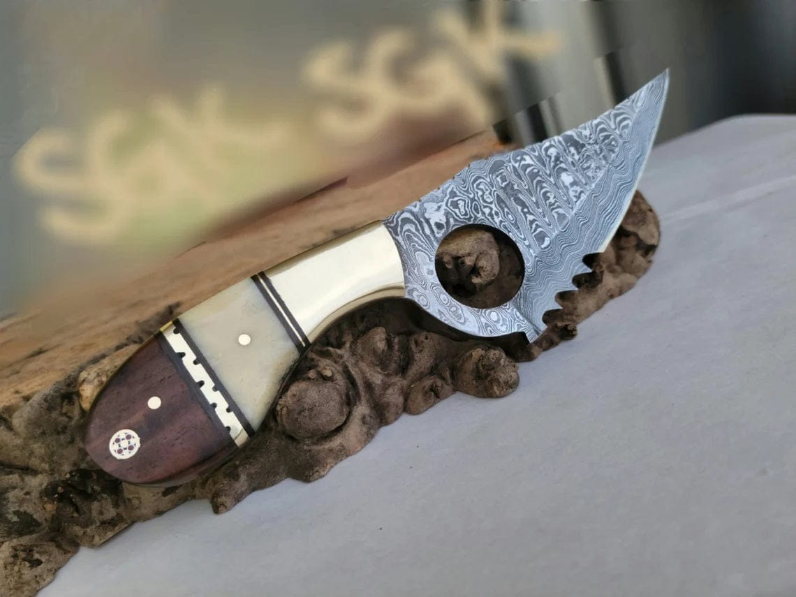 KBS Knives Store Skinner Knife Damascus Steel Handmade Finger Hole Skinning Knife with Bone-Rose Wood and Brass Bolster Handle, Serrated Edge