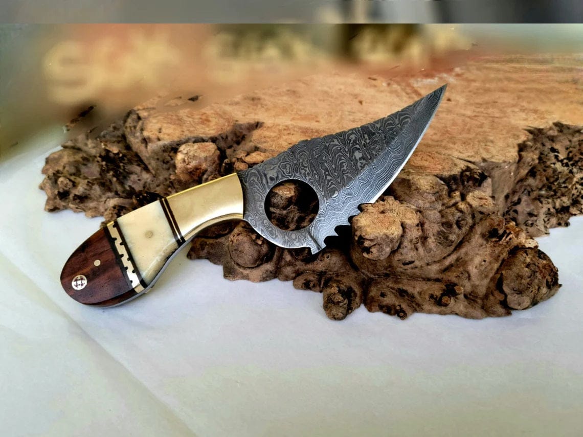 KBS Knives Store Skinner Knife Damascus Steel Handmade Finger Hole Skinning Knife with Bone-Rose Wood and Brass Bolster Handle, Serrated Edge