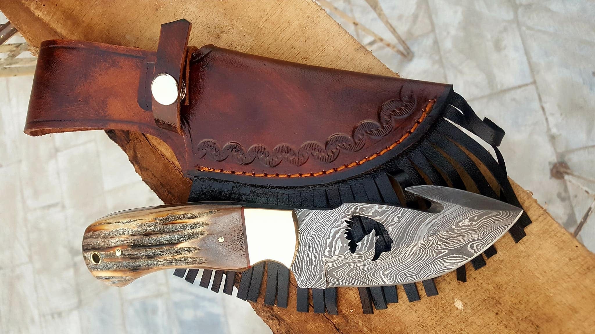 KBS Knives Store Skinner Knife Damascus steel handmade gut hook skinner knife