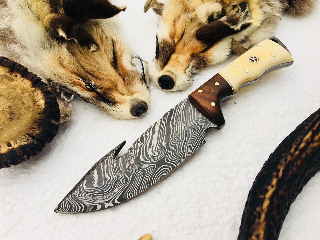 KBS Knives Store Skinner Knife Full Tang Custom Handmade Damascus Steel Gut Hook Skinning EDC Knife