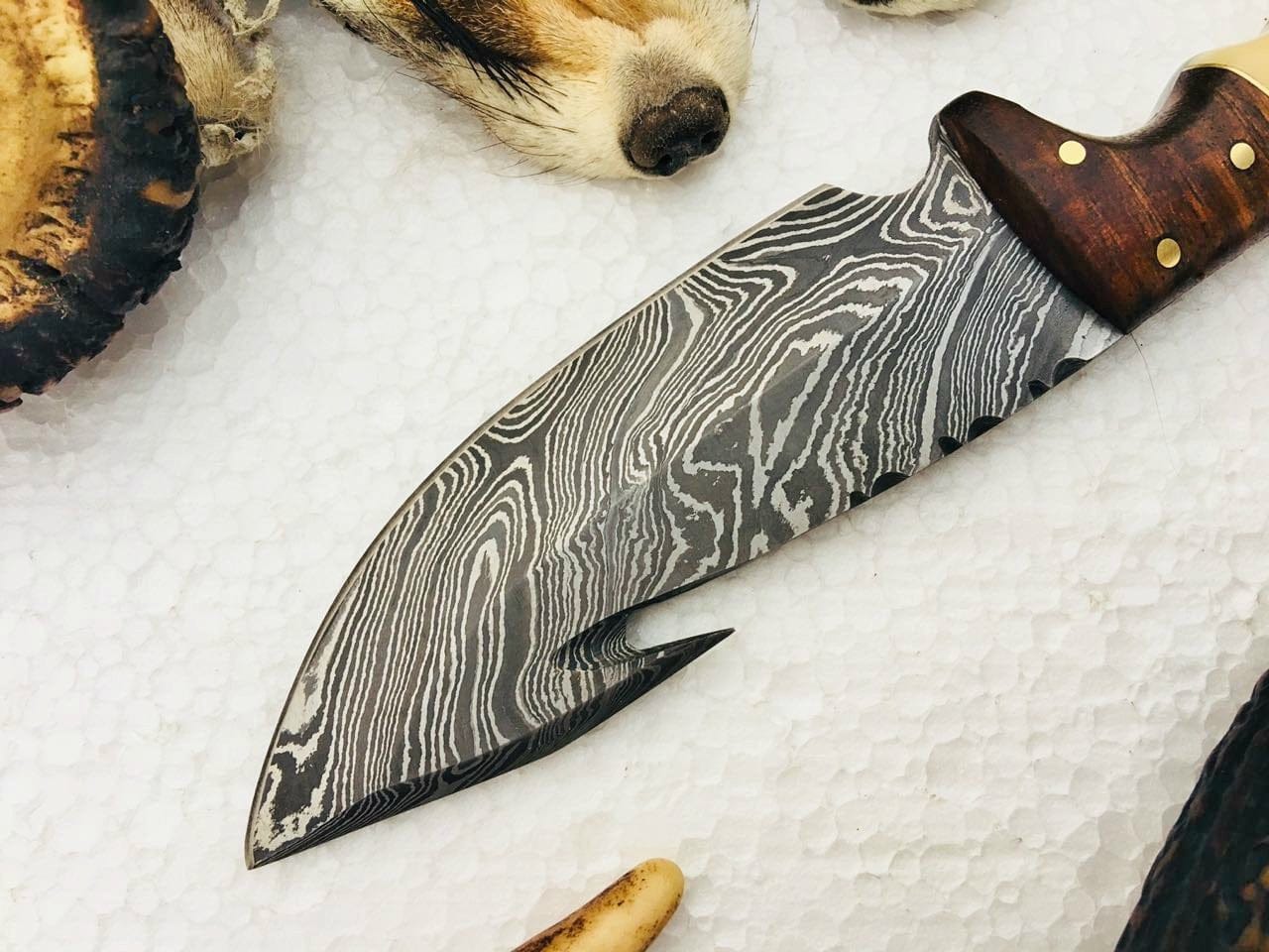 KBS Knives Store Skinner Knife Full Tang Custom Handmade Damascus Steel Gut Hook Skinning EDC Knife