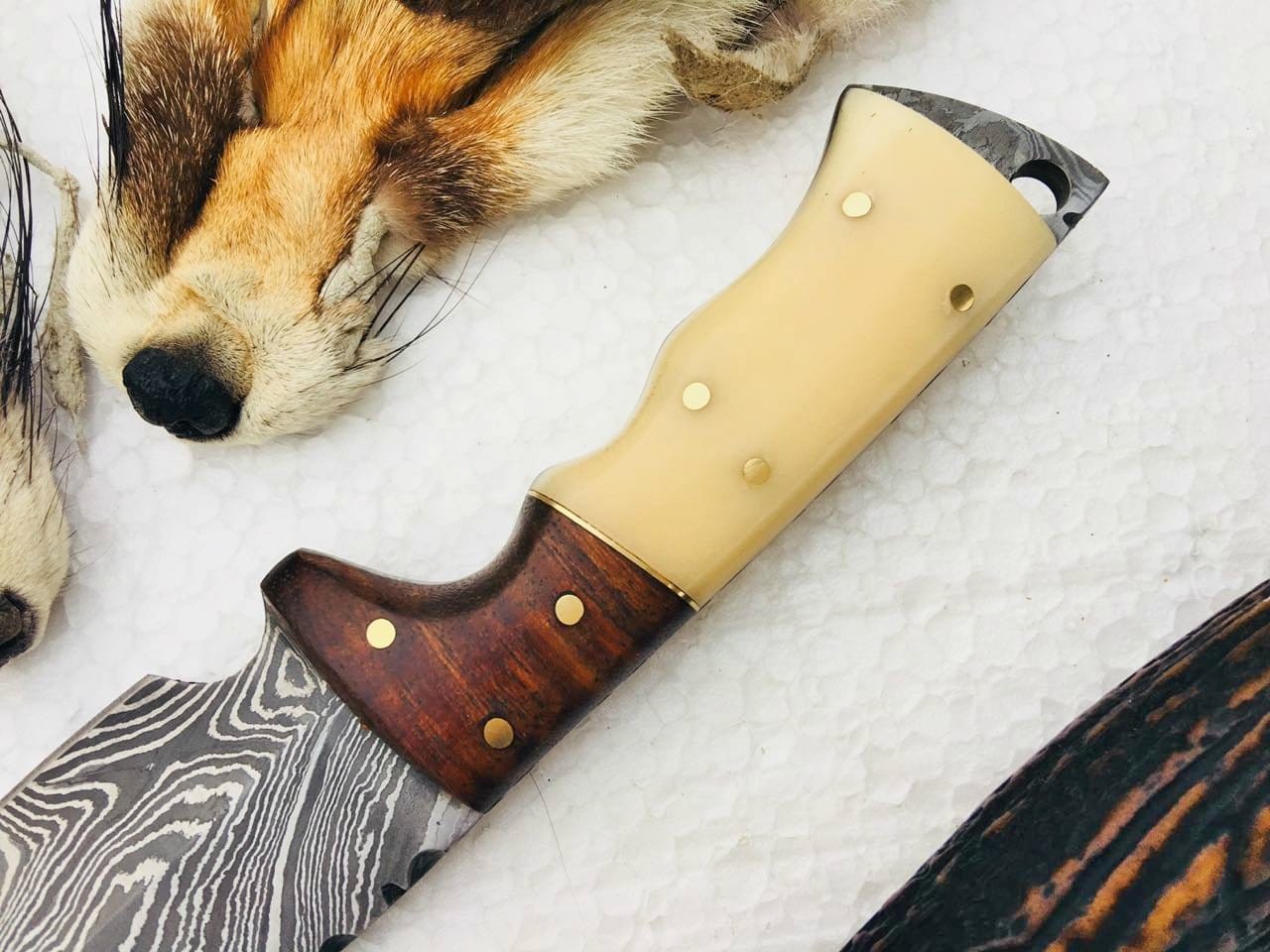 KBS Knives Store Skinner Knife Full Tang Custom Handmade Damascus Steel Gut Hook Skinning EDC Knife