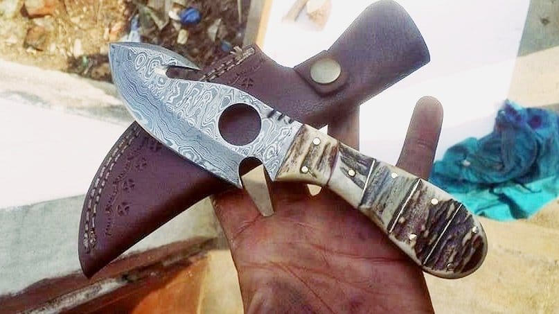 KBS Knives Store Skinner Knife Full Tang Custom Handmade Damascus Steel Gut Hook Skinning Knife