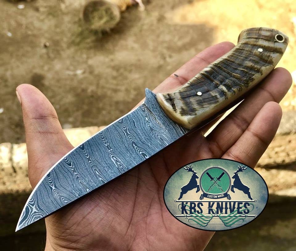 KBS Knives Store Skinner Knife Full Tang Custom Handmade Damascus Steel Hunting Skinning Knife