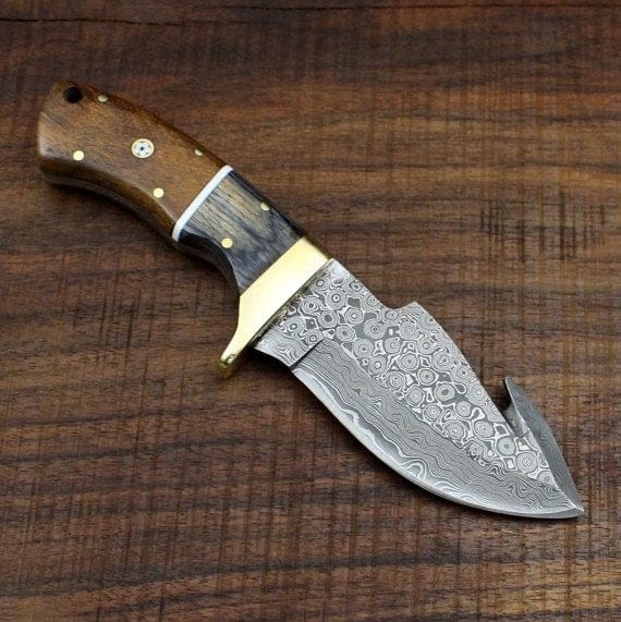 KBS Knives Store Skinner Knife Full Tang Custom Handmade Damascus Steel Raindrop Guthook Skinning Knife