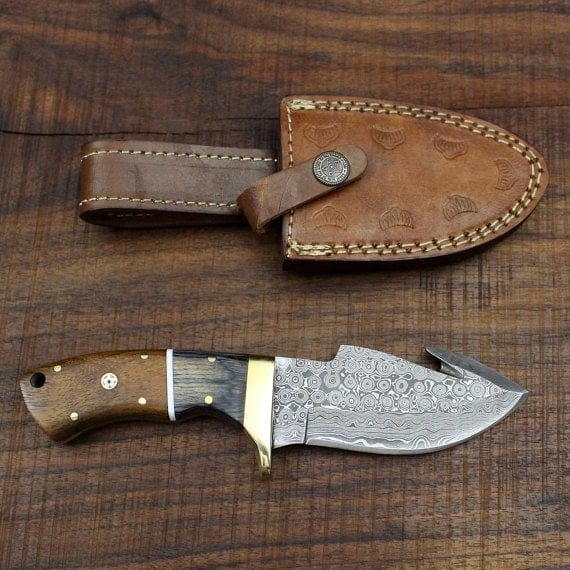 KBS Knives Store Skinner Knife Full Tang Custom Handmade Damascus Steel Raindrop Guthook Skinning Knife
