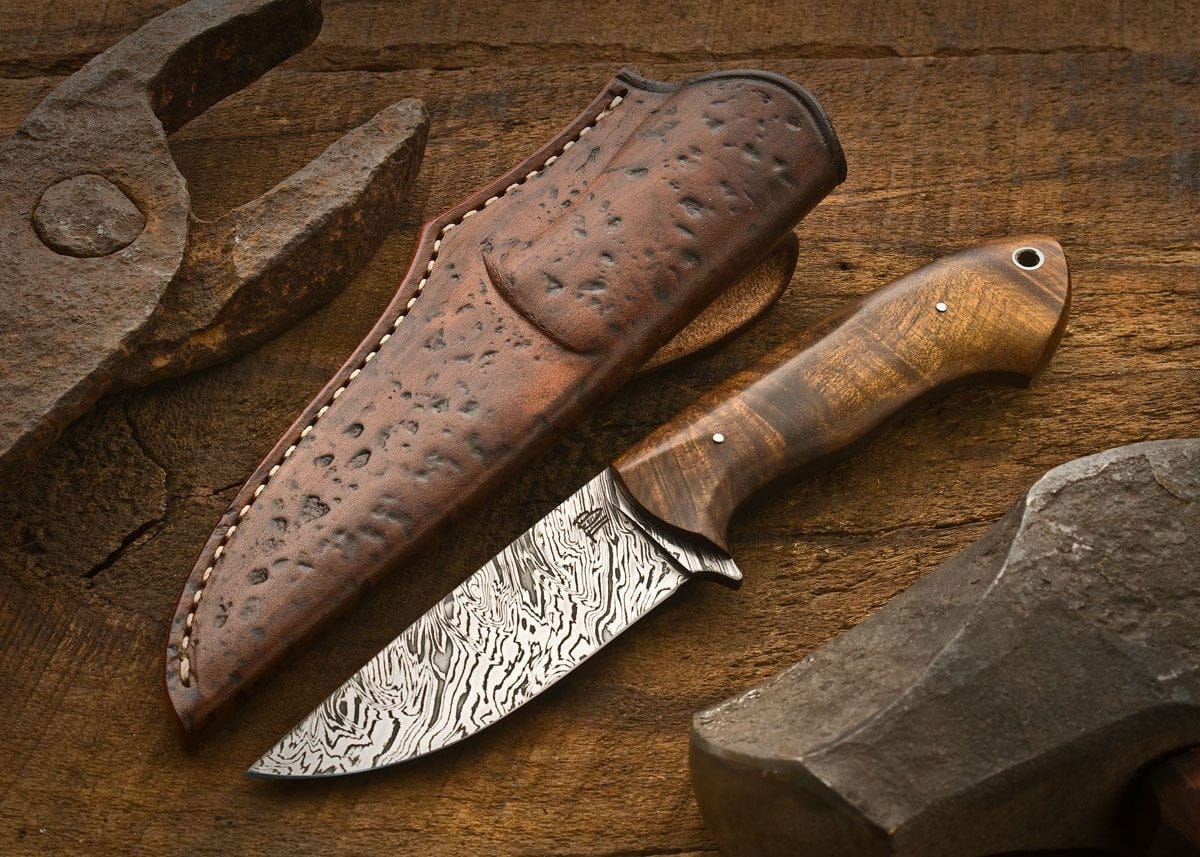 KBS Knives Store Skinner Knife Full Tang Custom Handmade Firestorm pattern Damascus Steel Hunting Skinning Knife