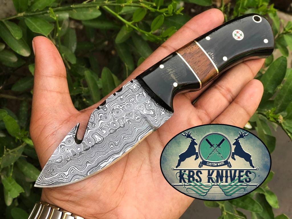 KBS Knives Store Skinner Knife Full Tang Custom Handmade Raindrop Damascus Steel Guthook Skinning Knife