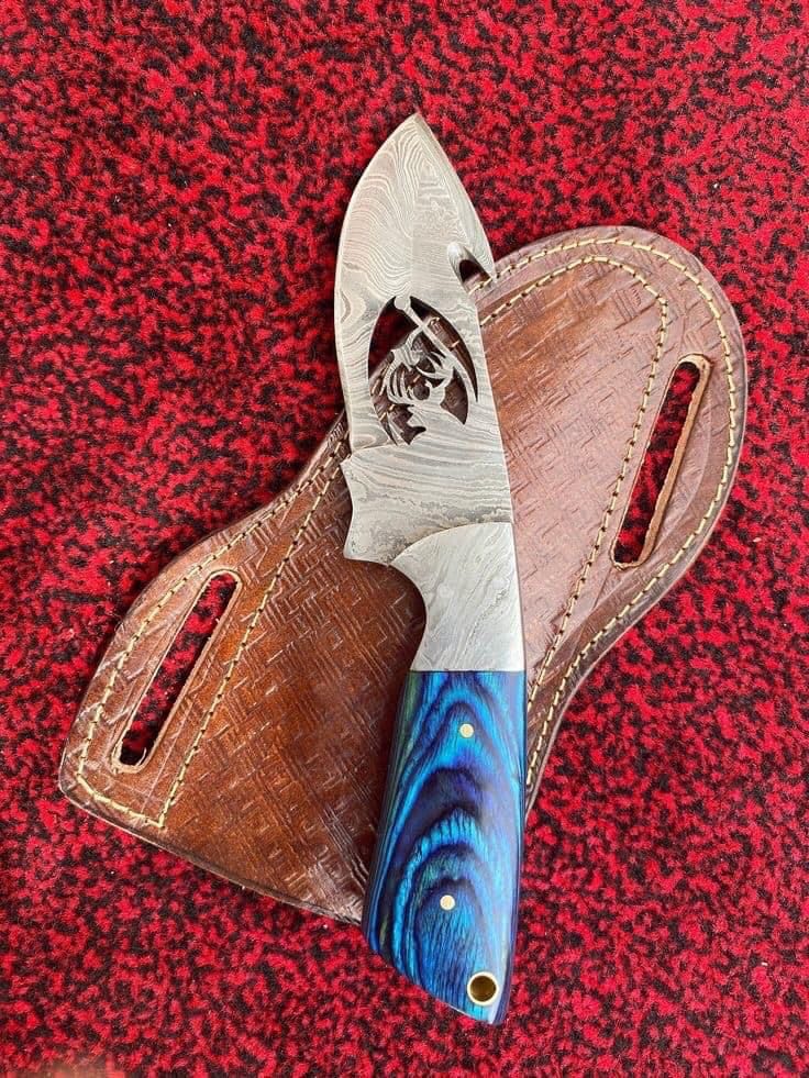 KBS Knives Store Skinner Knife Gut Hook Hunting Skinning Knife - Wirecut Damascus Steel Blade, Pakka Wood Handle - 8.5 Inches - KBS Knives Store