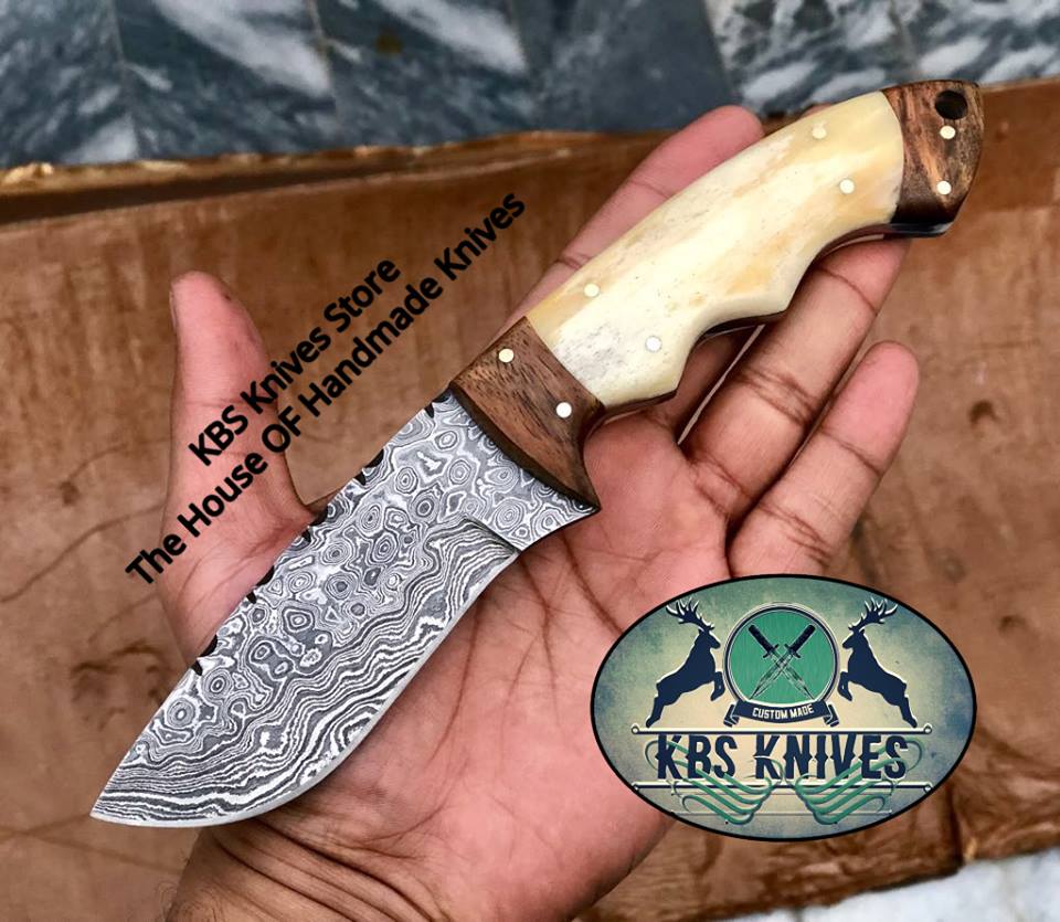 KBS Knives Store Skinner Knife New Custom Handmade Damascus Steel Hunting Skinning Camping Knife