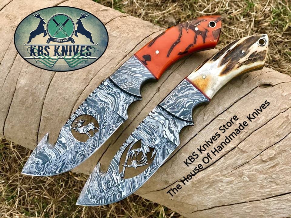 KBS Knives Store Skinner Knife New Full Tang Custom Handmade Damascus Steel Wirecut Blades Guthook Hunting Skinning Knives
