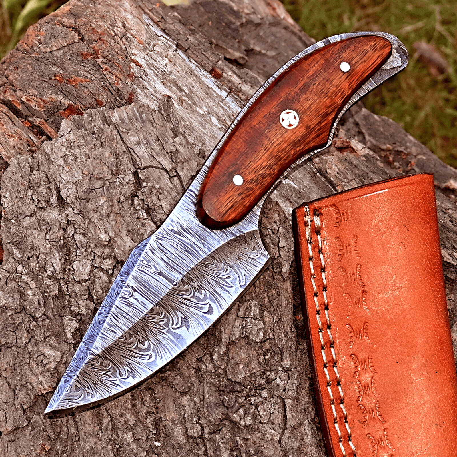 KBS Knives Store Skinner Knife Wilderness Whisper: Skinning Knife with Twist Damascus Steel Blade, Rosewood Handle, and Leather Sheath