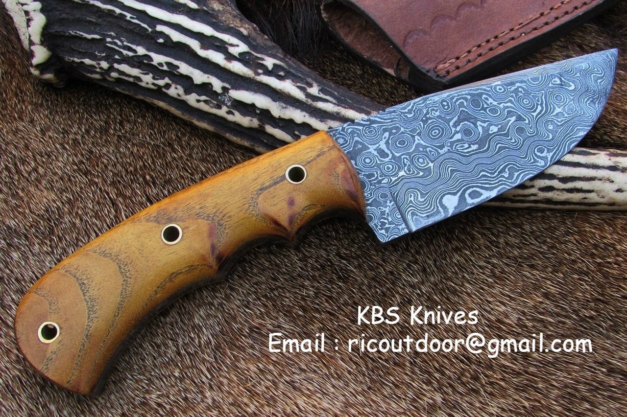 KBS Knives Store Skinner Knives 8.5-Inch Damascus Steel Drop Point Skinning Knife with Native Wood Handle
