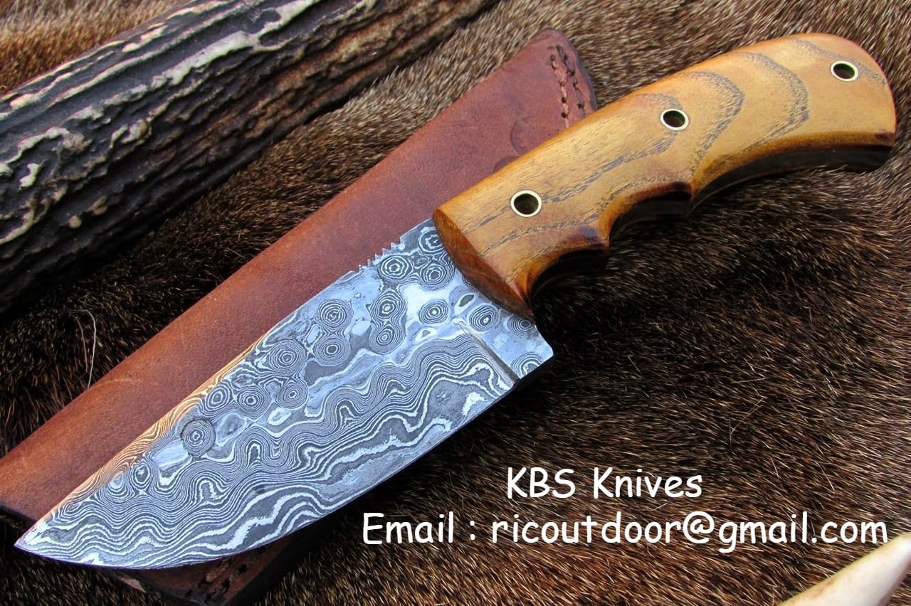 KBS Knives Store Skinner Knives 8.5-Inch Damascus Steel Drop Point Skinning Knife with Native Wood Handle