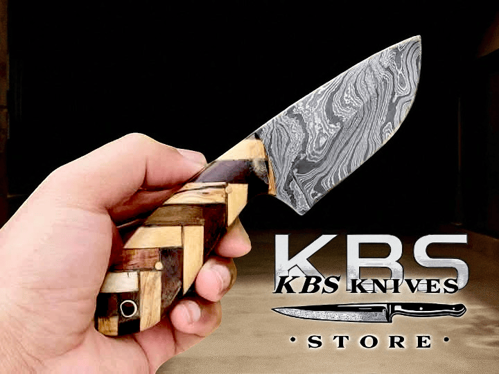 KBS Knives Store Skinner Knives Best Damascus Skinning Knife for Deer – 8" Rosewood