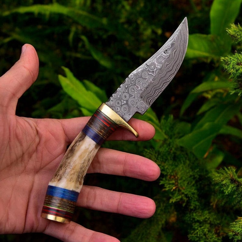 KBS Knives Store Skinner Knives Best Deer Skinning Knife – 8" Full Tang Raindrops Damascus Steel with Antler Horn