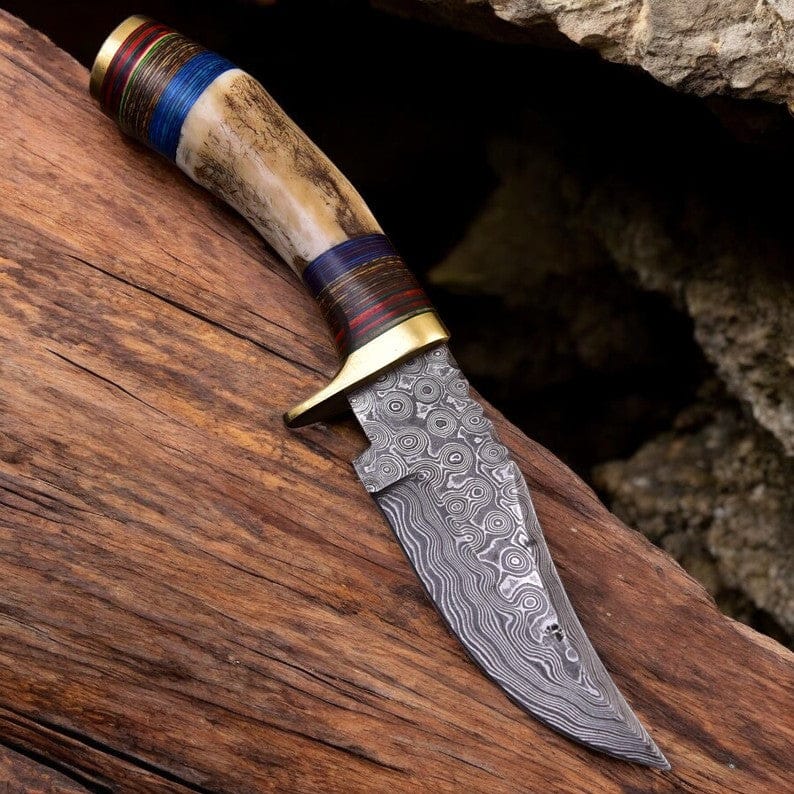 KBS Knives Store Skinner Knives Best Deer Skinning Knife – 8" Full Tang Raindrops Damascus Steel with Antler Horn
