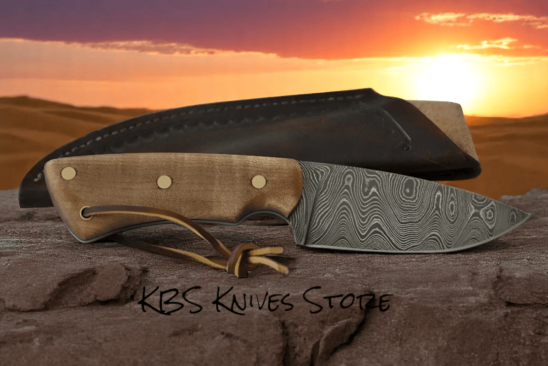 KBS Knives Store Skinner Knives Custom Damascus Steel Best Skinning Knife with Walnut Handle & Leather Sheath – 8" Hunting Blade