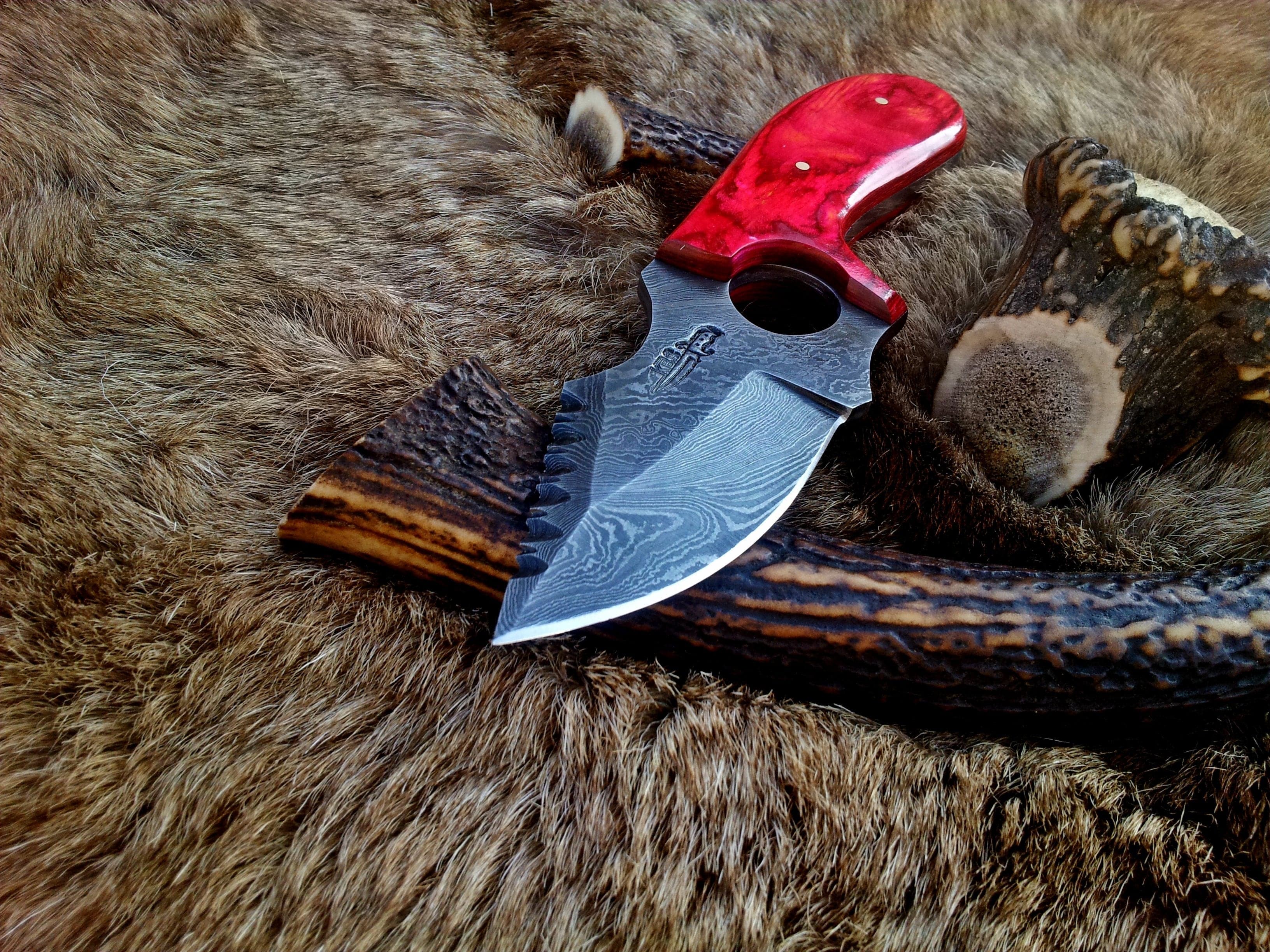 KBS Knives Store Skinner Knives Custom Damascus Steel Field Dressing Deer Skinning Knife with Pakka Wood Handle – 7.5 Inch Drop Point Blade with Finger Hole
