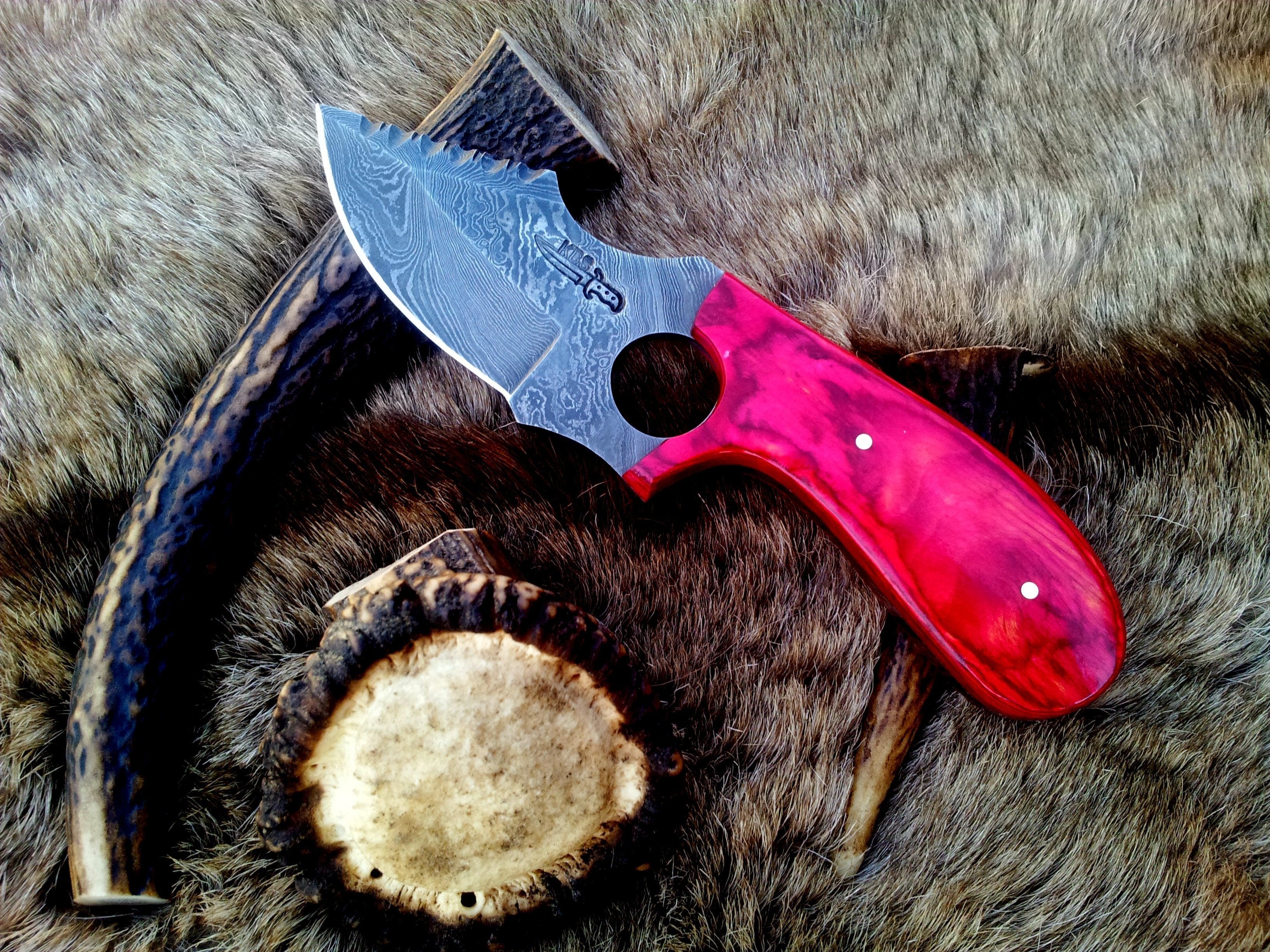 KBS Knives Store Skinner Knives Custom Damascus Steel Field Dressing Deer Skinning Knife with Pakka Wood Handle – 7.5 Inch Drop Point Blade with Finger Hole