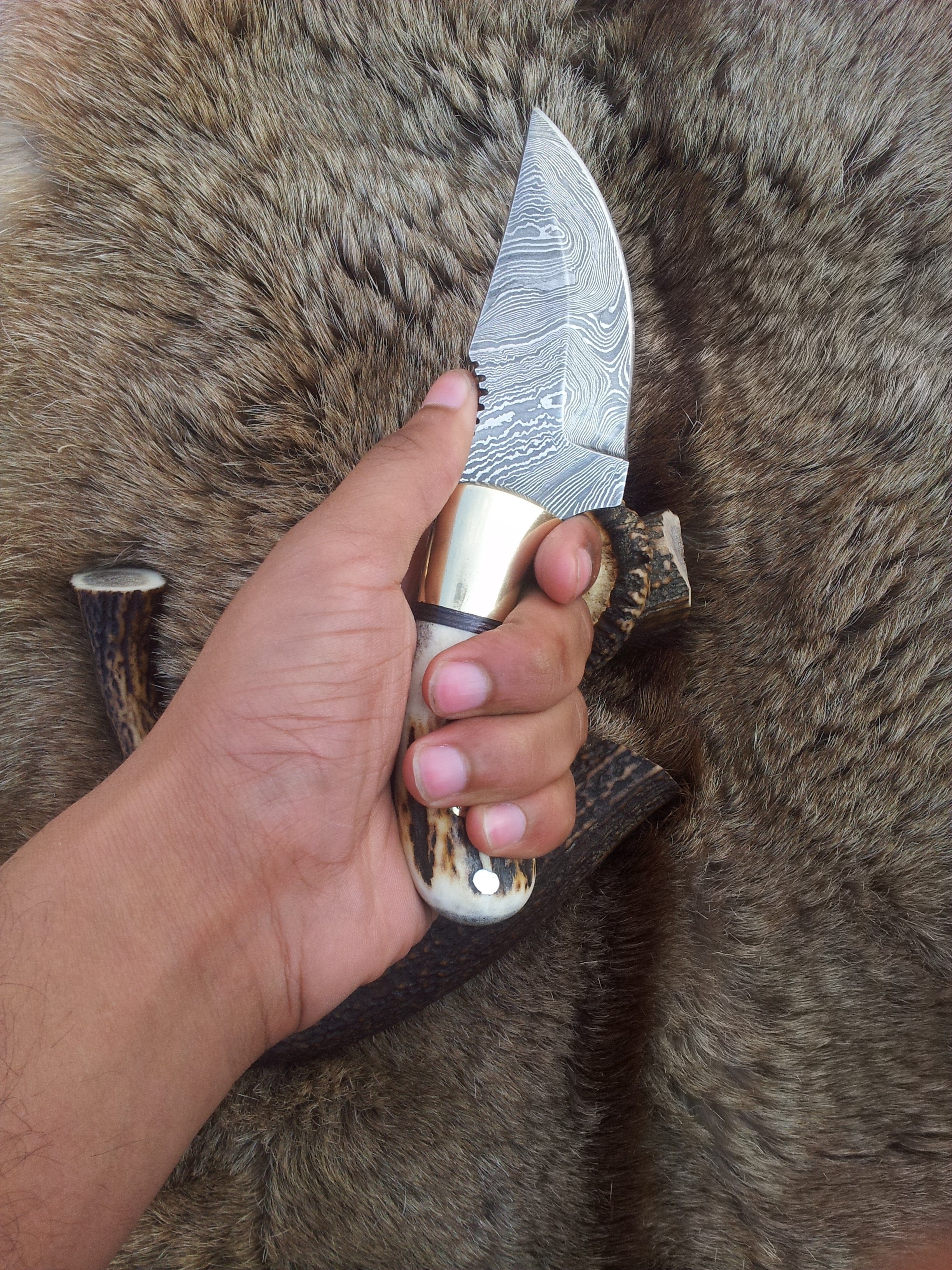 KBS Knives Store Skinner Knives Custom Damascus Steel Field Dressing Deer Skinny Knife – 7.25 Inch Drop Point Blade with Antler Horn Handle and Brass Bolster