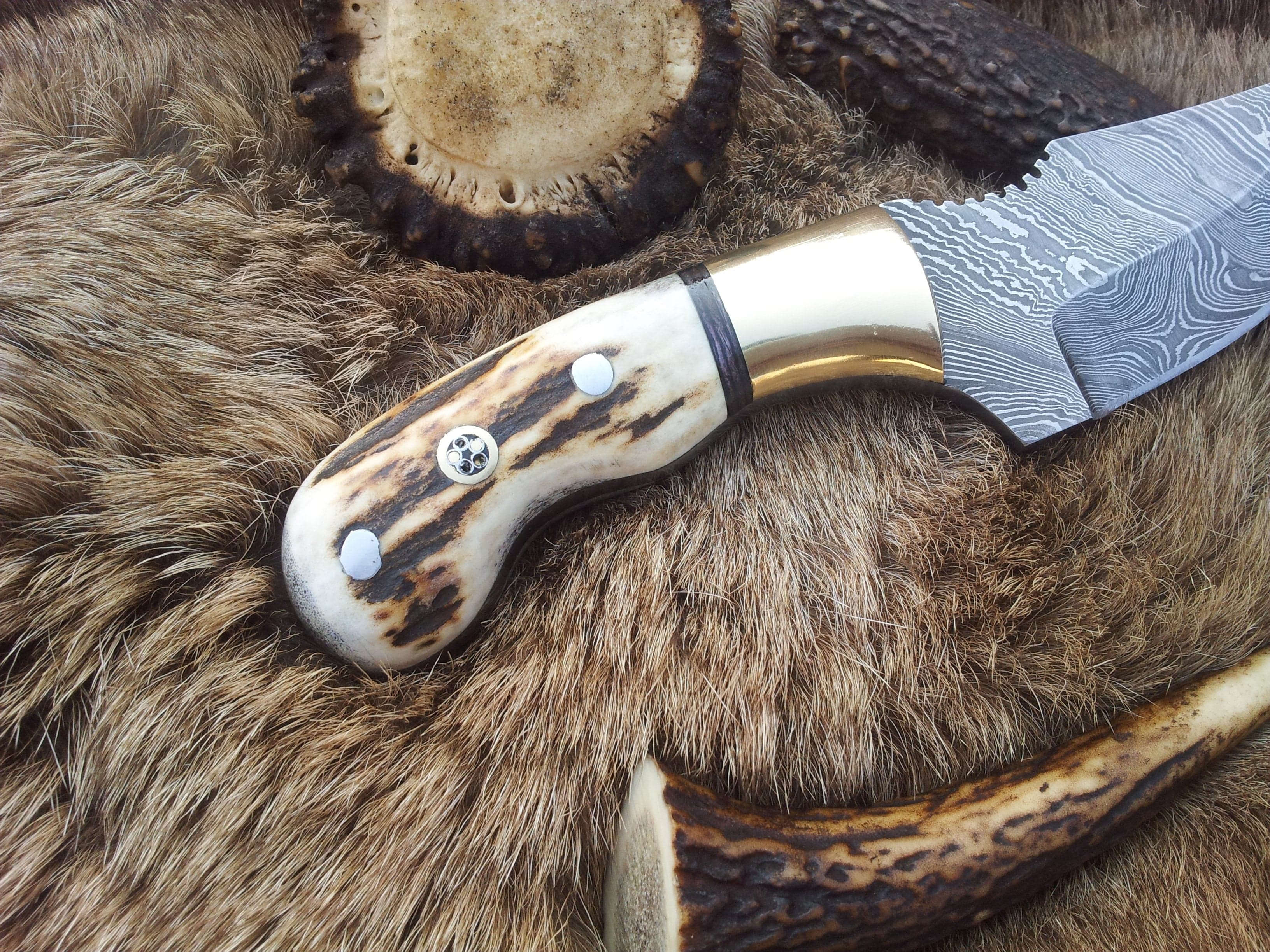 KBS Knives Store Skinner Knives Custom Damascus Steel Field Dressing Deer Skinny Knife – 7.25 Inch Drop Point Blade with Antler Horn Handle and Brass Bolster