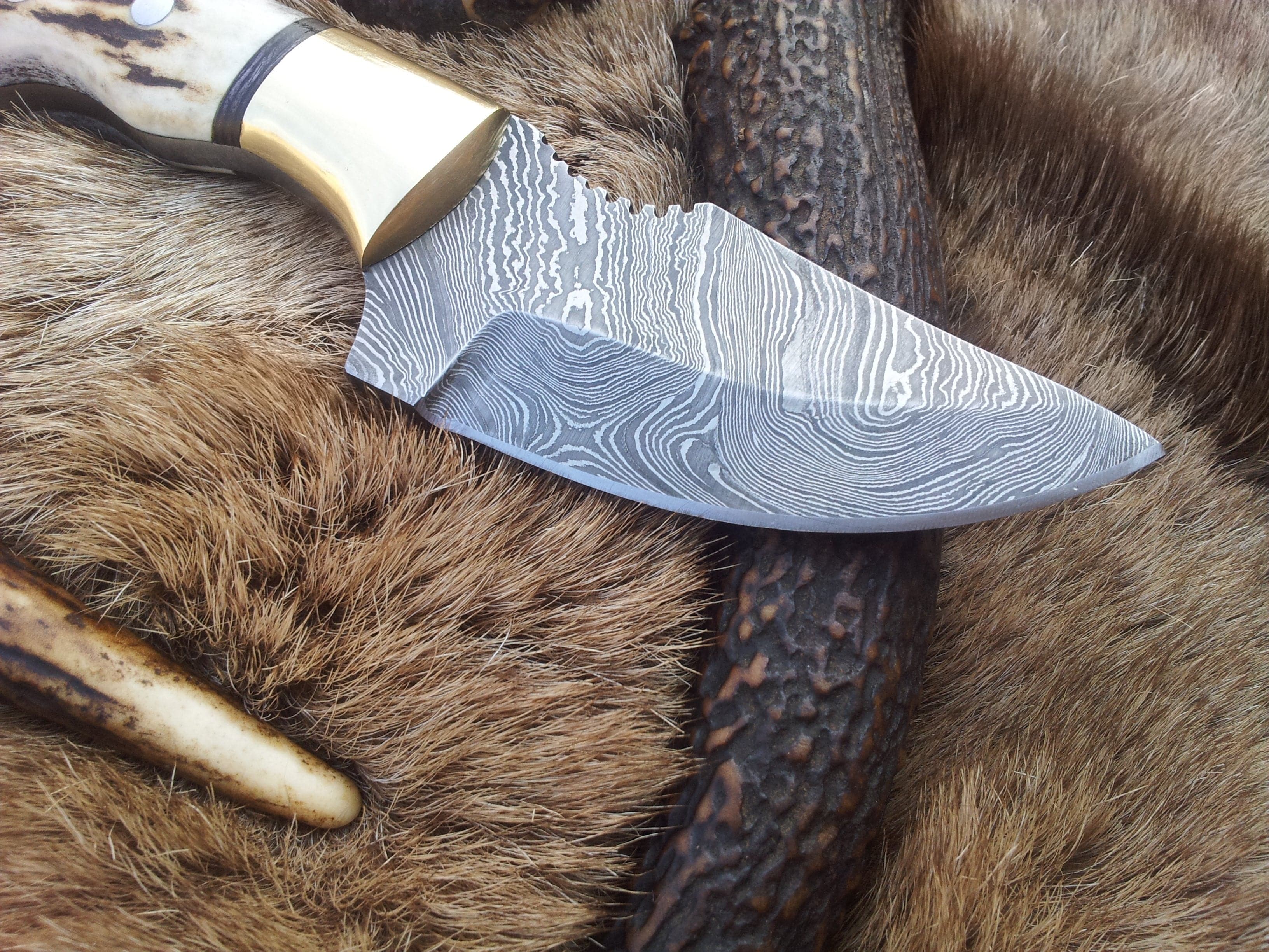 KBS Knives Store Skinner Knives Custom Damascus Steel Field Dressing Deer Skinny Knife – 7.25 Inch Drop Point Blade with Antler Horn Handle and Brass Bolster