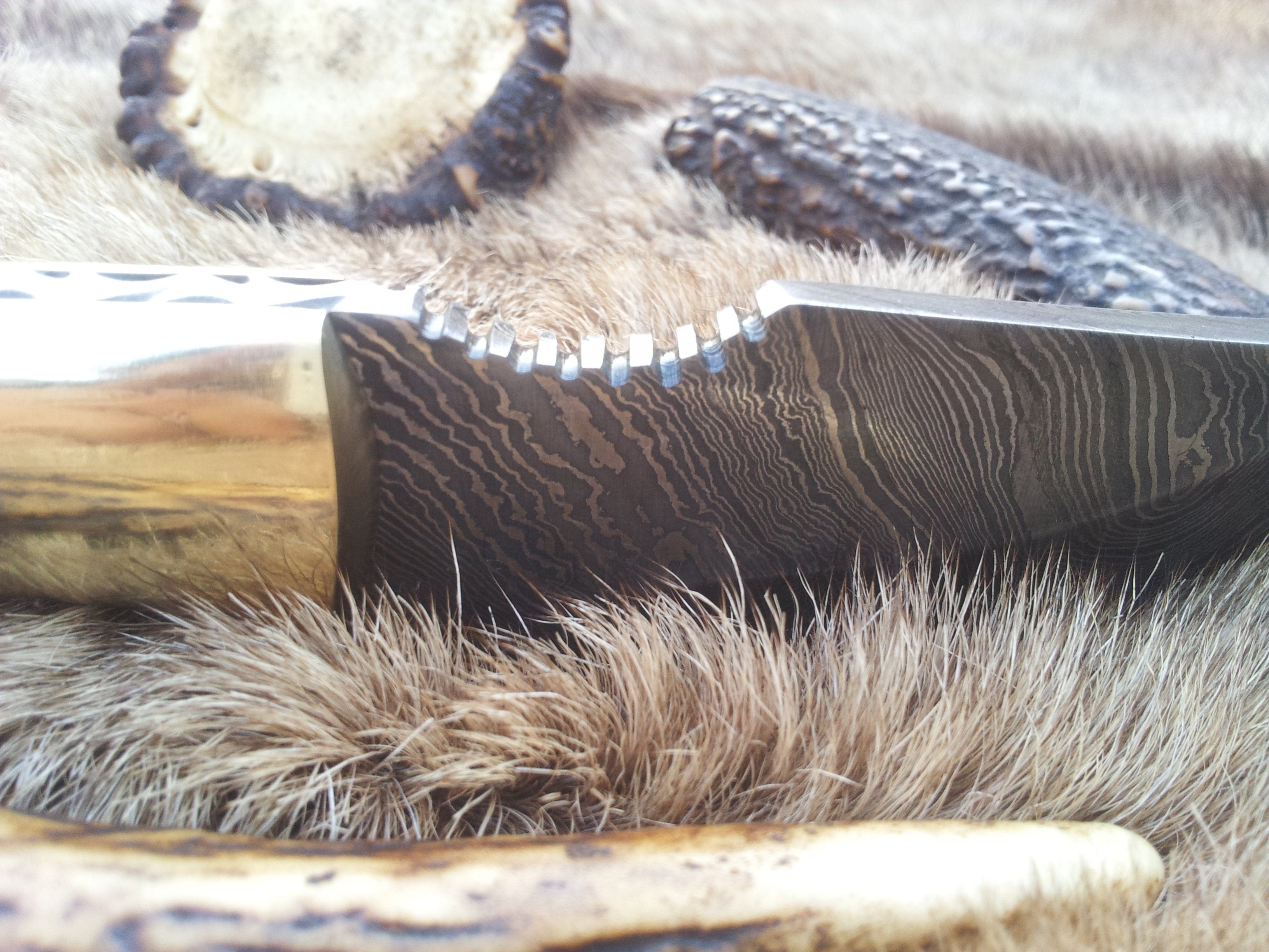 KBS Knives Store Skinner Knives Custom Damascus Steel Field Dressing Deer Skinny Knife – 7.25 Inch Drop Point Blade with Antler Horn Handle and Brass Bolster