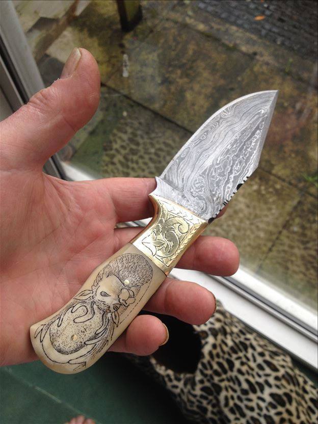 KBS Knives Store Skinner Knives Custom Hand-Engraved Damascus Steel Field Dressing Deer Skinning Knife – 8.5 Inch Drop Point Blade with Personalized Bone Handle