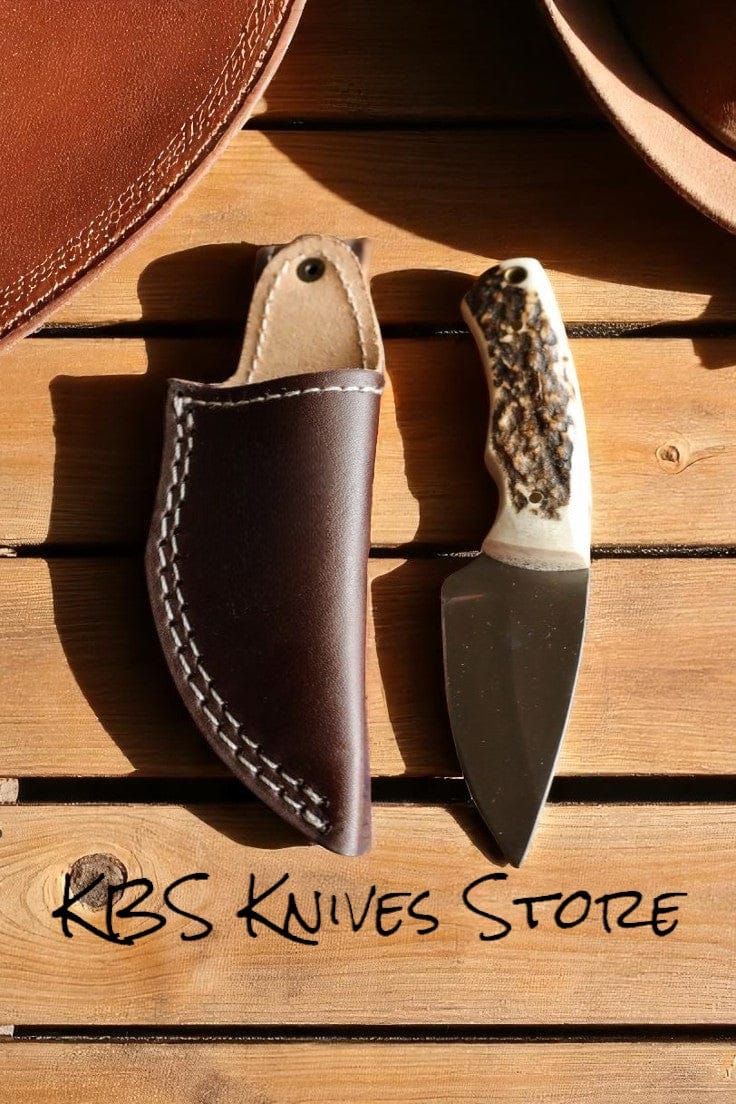 KBS Knives Store Skinner Knives Custom Handmade D2 Steel Deer Skinning Knife with Antler Horn Handle & Leather Sheath