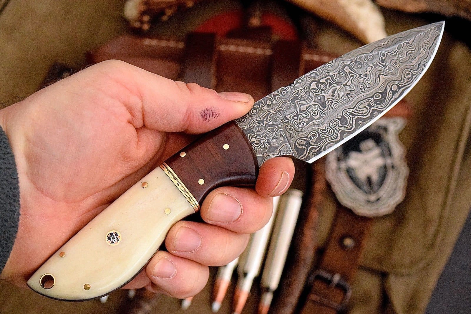 KBS Knives Store Skinner Knives Custom Handmade Damascus Deer Skinning Knife – Rosewood & Bone Handle, 8.5" with Leather Sheath