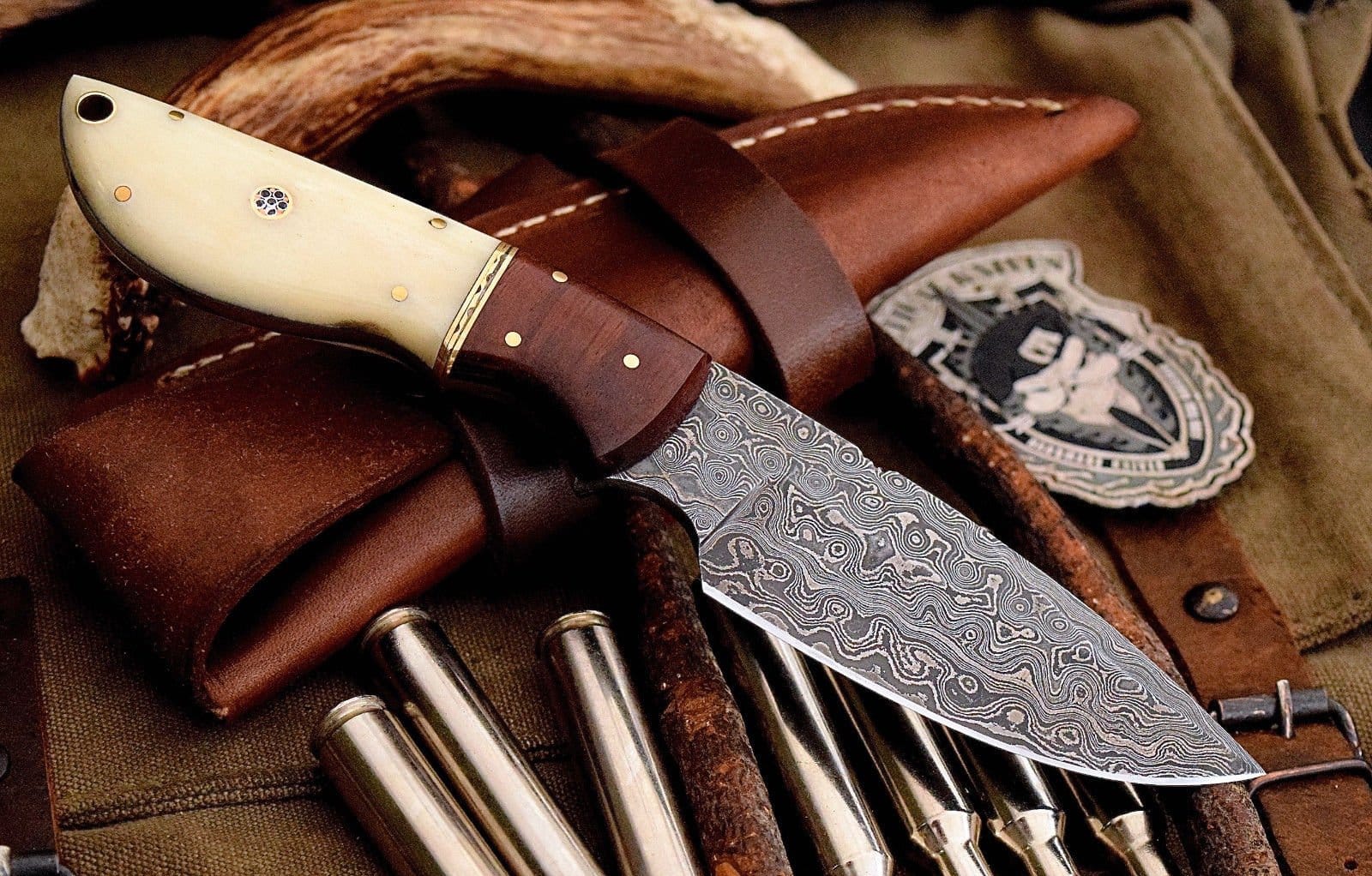 KBS Knives Store Skinner Knives Custom Handmade Damascus Deer Skinning Knife – Rosewood & Bone Handle, 8.5" with Leather Sheath
