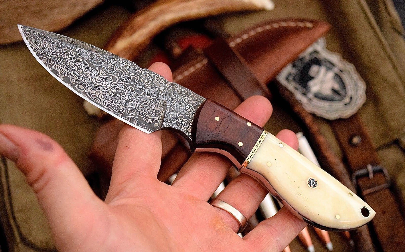 KBS Knives Store Skinner Knives Custom Handmade Damascus Deer Skinning Knife – Rosewood & Bone Handle, 8.5" with Leather Sheath