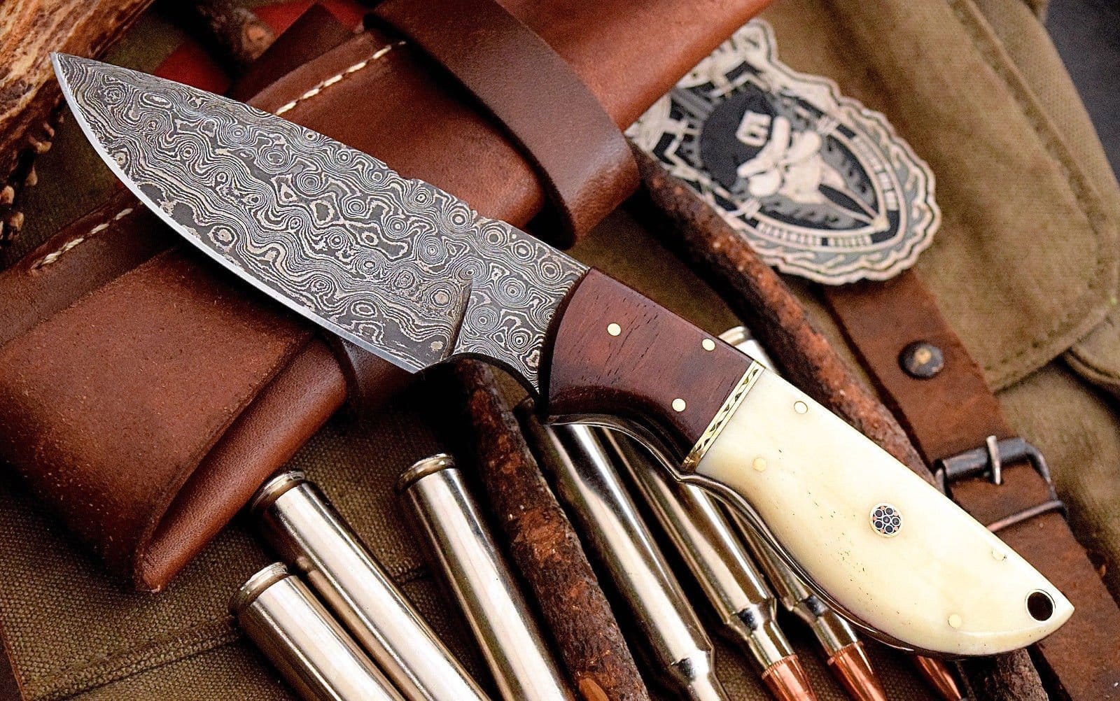KBS Knives Store Skinner Knives Custom Handmade Damascus Deer Skinning Knife – Rosewood & Bone Handle, 8.5" with Leather Sheath