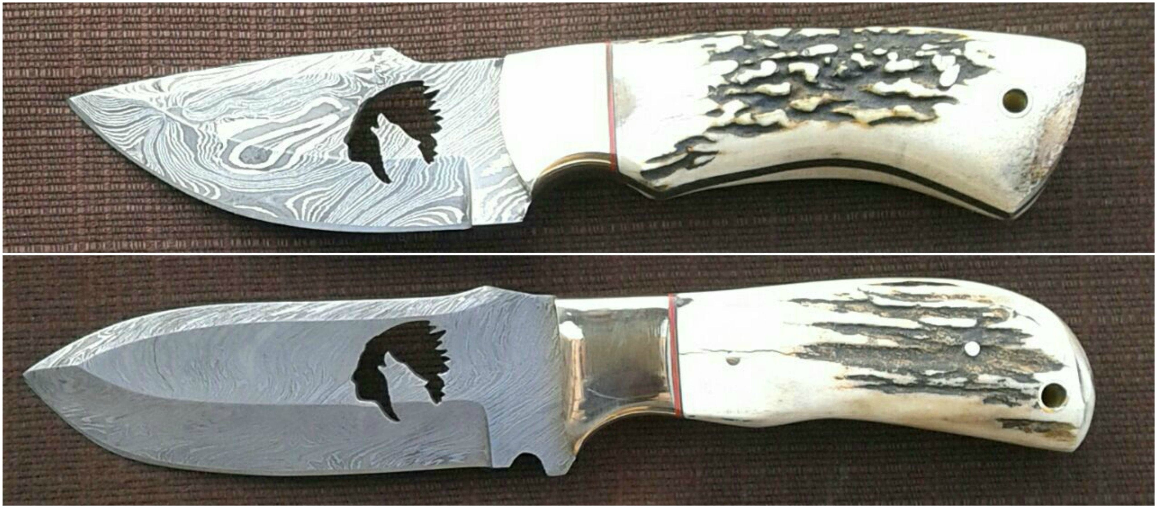 KBS Knives Store Skinner Knives Custom Handmade Deer Hunting Knife with Wolf Wirecut Damascus Blade
