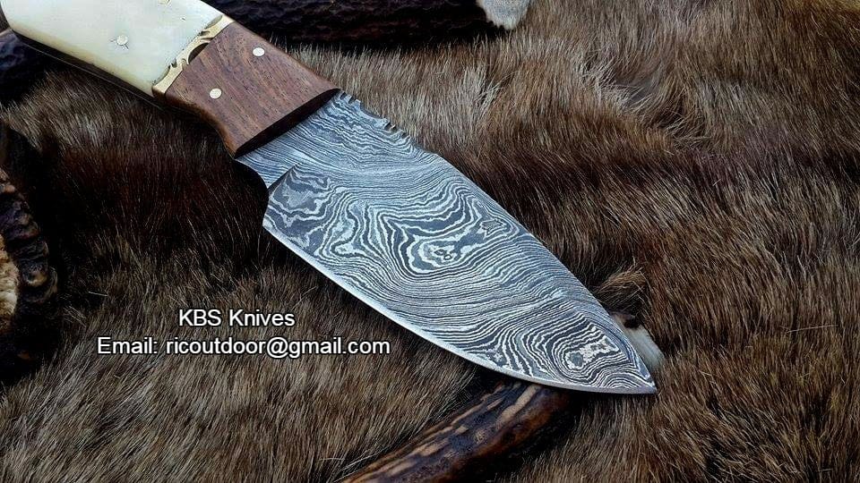 KBS Knives Store Skinner Knives Custom Handmade Lamb Skinner Knife – Damascus Steel with Bone & Rosewood Handle