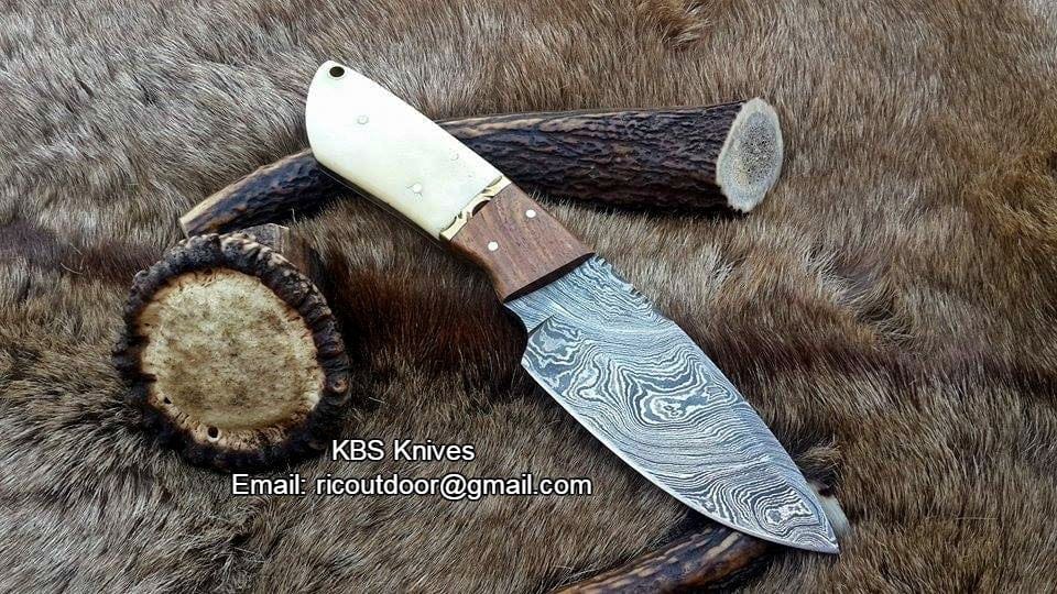 KBS Knives Store Skinner Knives Custom Handmade Lamb Skinner Knife – Damascus Steel with Bone & Rosewood Handle
