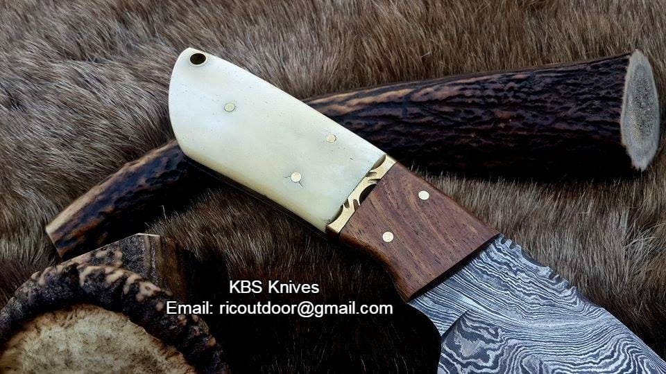 KBS Knives Store Skinner Knives Custom Handmade Lamb Skinner Knife – Damascus Steel with Bone & Rosewood Handle