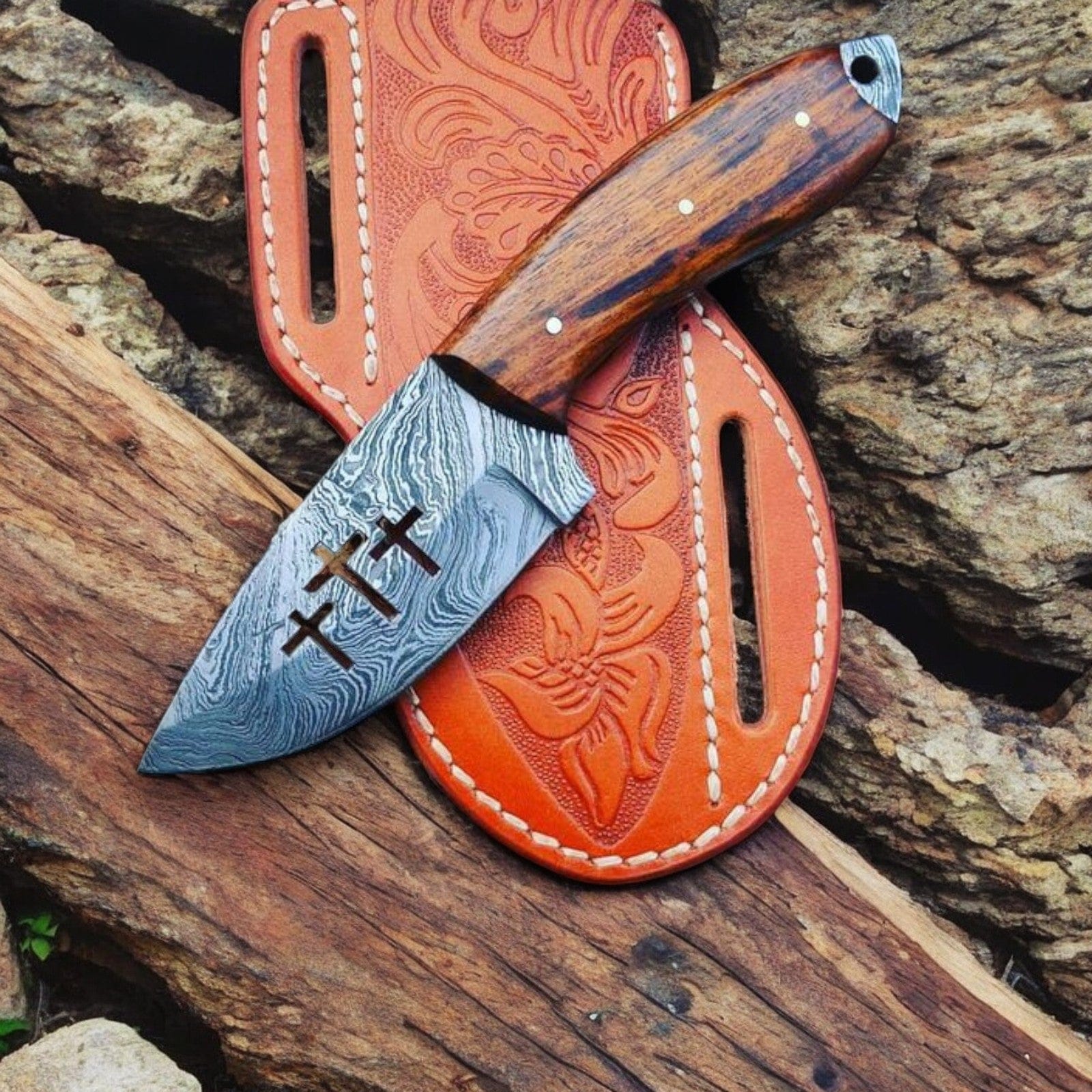 KBS Knives Store Skinner Knives Custom Handmade Skinning Knife with Sheath – Damascus Steel Cross Wirecut Blade